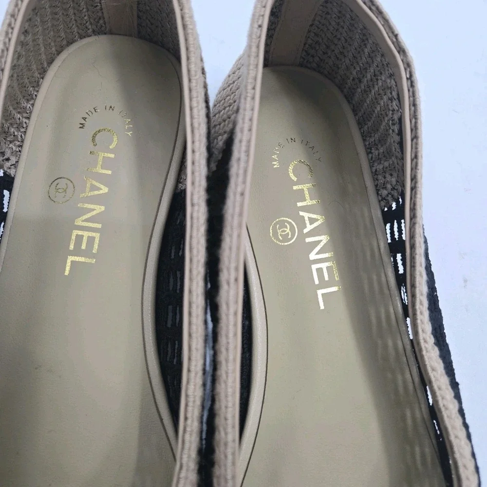 Chanel Ballet Flats Women's Size 41 / US 10 Raffia Mesh Cap Toe Beige Black